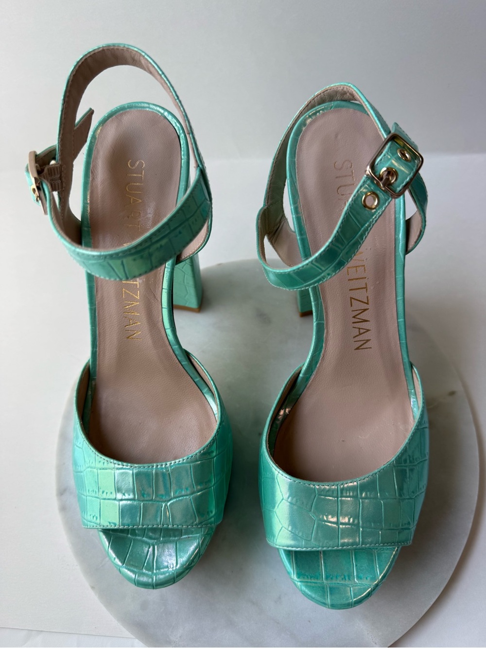 Stuart Weitzman Aqua Croc-Embossed Platform Sandals - Picture 5 of 16